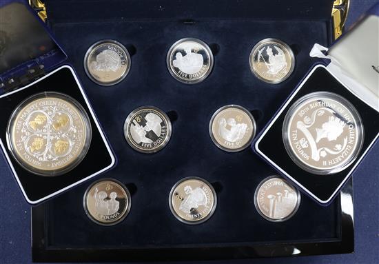 Royal Mint HM Queen Elizabeth II 80th Birthday collection - 13 silver proof coins, each 28.28g, and two similar Five Pounds coins,